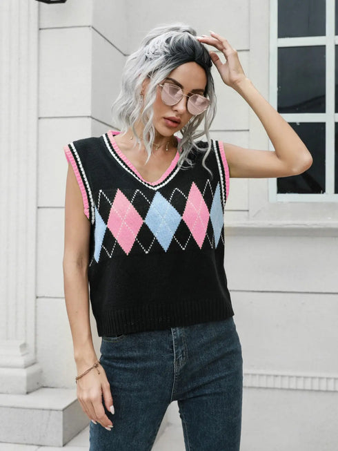 'Leocadia' Diamond Print Sleeveless Knit Sweater - Celes Fashion